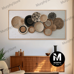 decorative wall art, basket wall decor framed canvas print, boho wall art, wicker round bowl art, wicker wall art print