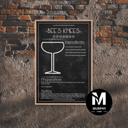 decorative wall art, bees knees cocktail - bar cart art - bar decor - framed canvas print - blueprint art - patent art -