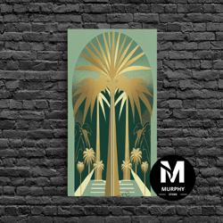 decorative wall art, boho modern frank lloyd wright-inspired art deco canvas print, emerald green and gold palm tree, wa