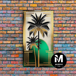 decorative wall art, boho modern frank lloyd wright-inspired art deco canvas print, emerald green and gold palm tree, wa