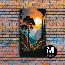 decorative wall art, colorful pop art picture of a mountain and forest landscape, framed canvas print, surrealist high c