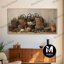 decorative wall art, cornucopia wall art, basket wall decor framed canvas print, boho wall art, wicker round bowl art, w