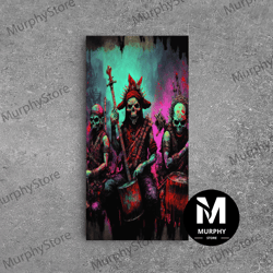 decorative wall art, death metal skeletons, medieval heavy metal undead band art, framed canvas print, unique office lar