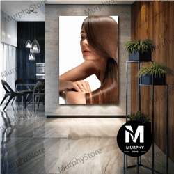 brown long hair wall art, woman red lipstick canvas art, hairdresser decor roll up canvas, stretched canvas art, framed