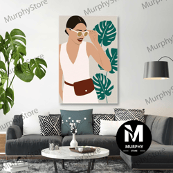 cool girl wall art, woman canvas art, plants wall art, modern wall decor, roll up canvas, stretched canvas art, framed w