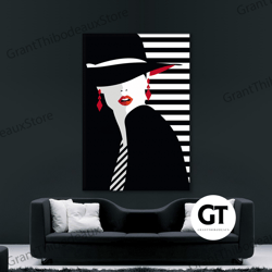 decorative wall art, decorate the living room, bedroom and workplace, woman with hat canvas, woman with red lipstick pos