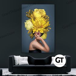 decorative wall art, decorate the living room, bedroom and workplace, yellow floral woman canvas, blue bird and woman po