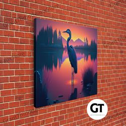a stork standing in a calm lake at sunset, framed decorative wall art