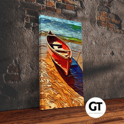 abandoned canoe on the lake, framed decorative wall art, oil painting style, abstract wall art, lakehouse wall decor, bo