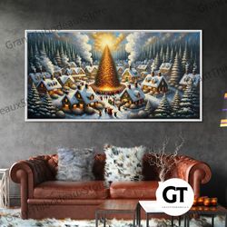 abstract christmas village centerpiece wall art framed decorative wall art christmas oil painting winter wonderland retr