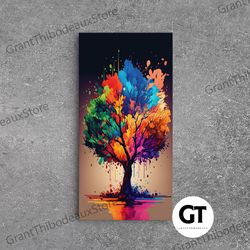 abstract tree watercolor decorative wall art, splatter art, blooming colorful tree on canvas, original plant floral artw