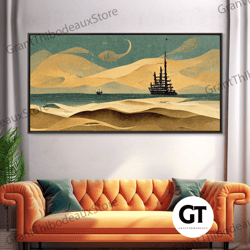 art deco decorative wall art, pirate ship at sea beyond the sand dunes, living room wall art