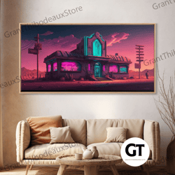 art deco cyberpunk diner, wild west mashup art, framed decorative wall art, neon art, wild west concept art