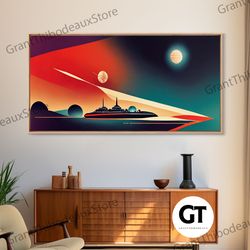 art deco space cruiser decorative wall art, explore the stars, vintage style space exploration art, orange and blue outr