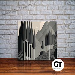 art deco style greyscale landscape, monochromatic drab and dreary art, framed decorative wall art, large format art