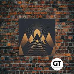 art deco style mountain landscape at sunset, framed decorative wall art, large format wall art, huge wall decor, black a