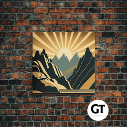 art deco style mountain landscape at sunset, framed decorative wall art, large format wall art, huge wall decor