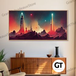 art deco style space decorative wall art, space ship art, space art, outrun style, sci-fi themed art print, science fict