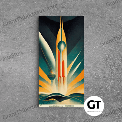 art deco style spaceship, space exploration, science fiction scifi decorative wall art, ready to hang wall art-1