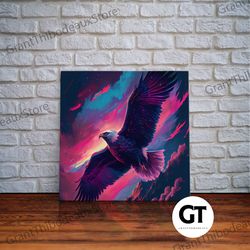 bald eagle in flight, vaporwave aesthetic art, eagle against a pastel sunset sky, framed canvas art, framed print