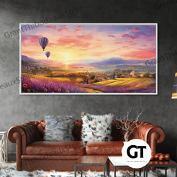beautiful fields of lavender, framed decorative wall art, wall art, boho wall decor, sunset painting, french countryside