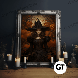 beautiful gothic witch art, framed halloween canvas, decorative wall art, spooky halloween wall art, halloween deco, wit