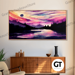 beautiful lake at night decorative wall art, purple and pink sunset night sky, wall art canvas, lake front view, guest r