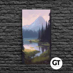 beautiful mountain and stream landscape watercolor painting, framed decorative wall art, nature landscape painting