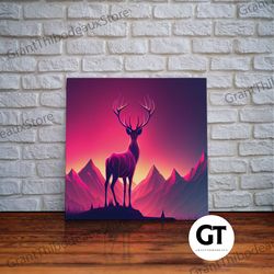beautiful stag and sunset, synthwave landscape art, framed decorative wall art, nature print, pastel and pink art