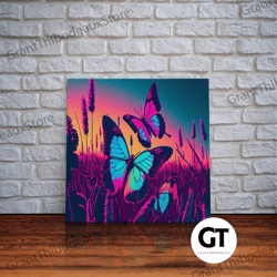 beautiful turquoise butterfly art, vaporwave aesthetic pastel art, framed decorative wall art, synthwave art