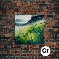 beautiful watercolor of a field of blue flowers, framed decorative wall art, whimsical wall decor, colorful wall art