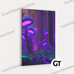 bioluminescent glowing mushrooms in a magic forest, fantasy art, framed decorative wall art, wall art decor