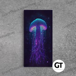 bioluminescent jellyfish against a starry night sky, cosmic jelly fish, framed decorative wall art, synthwave style art