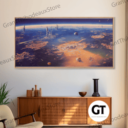 bird's eye view of a futuristic city-planet, cool scifi art, framed decorative wall art, ready to hang framed wall art