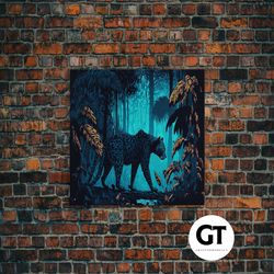 black and turquoise panther, framed decorative wall art, unique wall art, wildlife canvas art, living room wall art