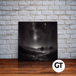 black and white watercolor of a starry night sky over the planes of texas, framed decorative wall art