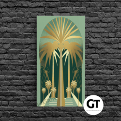 boho modern frank lloyd wright-inspired art deco decorative wall art, emerald green and gold palm tree, wall decor, wall