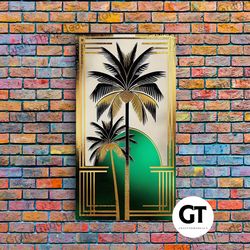 boho modern frank lloyd wright-inspired art deco decorative wall art, emerald green and gold palm tree, wall decor, wall
