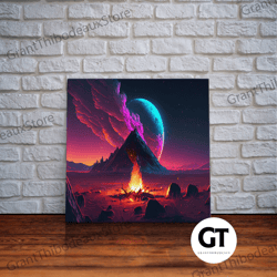 campfire under a full moon, framed decorative wall art, retro synthwave outrun style primitive home decor