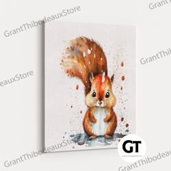 cartoon chipmunk watercolor, cute animal prints, framed canvas art, kid room deco, nursery art-1