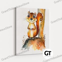 cartoon chipmunk watercolor, cute animal prints, framed canvas art, kid room deco, nursery art
