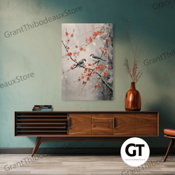 cherry blossom tree, japanese wall print, bird wall art, asian art, decorative wall art, wall art, vertical print, count