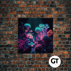 coral reef art, synthwave aesthetic ocean art, framed canvas art, framed wall art decorative wall art