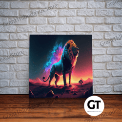 cosmic roar watercolor, lion staring at the stars over africa, framed decorative wall art, unique vibrant wall art