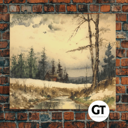 cottage on the lake, wall art, framed decorative wall art, subdued minimalist boho style wall decor, canvas art, rustic