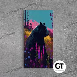 cute brown bear stopping to smell the flowers, animal prints, framed decorative wall art, colorful unique wall art