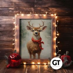 cute buck dressed for christmas, christmas decor, woodland animals, christmas wall art, winter decor, holiday decor, sea