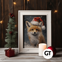 cute christmas fox in a santa hat, christmas art, christmas decor, christmas wall art, farmhouse christmas, vintage chri