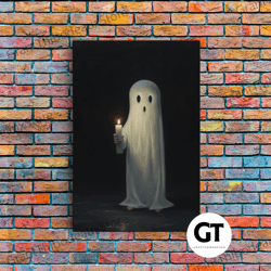 cute halloween ghost holding a candle, vintage decorative wall art, canvas art, dark academia, haunting ghost, halloween