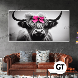 cute highland cow wearing a bow, pink bow on a cute cow, framed decorative wall art, black and white farmhouse cow art